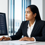 A focused professional woman in a modest, modern business suit, of diverse ethnicity, is seated at a minimalist desk in a contemporary, brightly lit office. She is looking intently at complex data on a large monitor, with a thoughtful and problem-solving expression. The background features subtle architectural details and a collaborative workspace ambiance. safe for work, appropriate content, fully clothed, professional dress, modest clothing, perfect anatomy, correct proportions, natural pose, well-formed hands, proper finger count, natural body proportions, professional photography, high resolution, sharp focus, soft studio lighting.