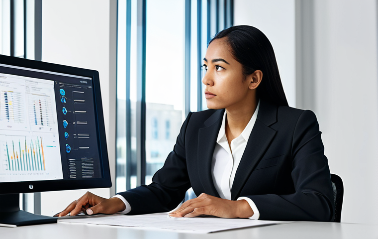 A focused professional woman in a modest, modern business suit, of diverse ethnicity, is seated at a minimalist desk in a contemporary, brightly lit office. She is looking intently at complex data on a large monitor, with a thoughtful and problem-solving expression. The background features subtle architectural details and a collaborative workspace ambiance. safe for work, appropriate content, fully clothed, professional dress, modest clothing, perfect anatomy, correct proportions, natural pose, well-formed hands, proper finger count, natural body proportions, professional photography, high resolution, sharp focus, soft studio lighting.