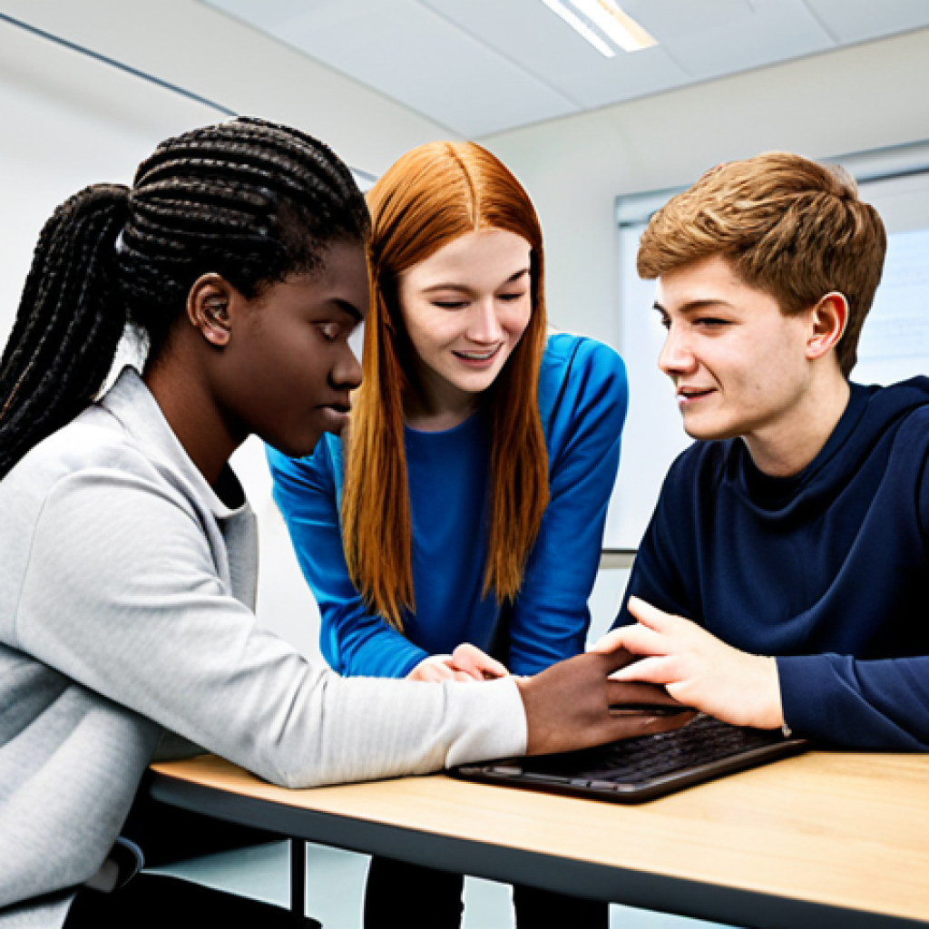 **

A diverse group of university students in a modern classroom, working collaboratively on a project using laptops and tablets. The scene emphasizes teamwork, communication, and problem-solving.  Everyone is fully clothed in appropriate attire. Bright, natural lighting. Safe for work. Professional environment. Perfect anatomy, correct proportions, natural pose, well-formed hands, proper finger count, natural body proportions. high quality.

**