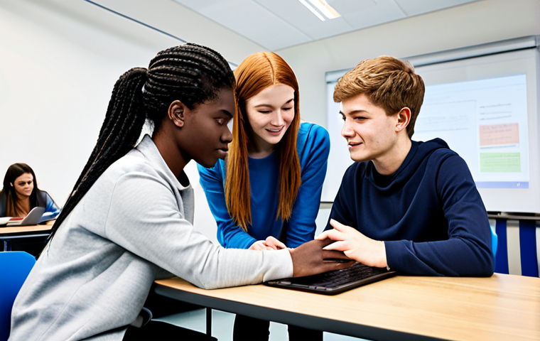 **
A diverse group of university students in a modern classroom, working collaboratively on a project using laptops and tablets. The scene emphasizes teamwork, communication, and problem-solving. Everyone is fully clothed in appropriate attire. Bright, natural lighting. Safe for work. Professional environment. Perfect anatomy, correct proportions, natural pose, well-formed hands, proper finger count, natural body proportions. high quality.
**