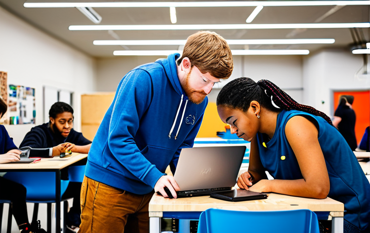 **
A group of diverse students collaborating on a project in a modern makerspace, using laptops and tools. Emphasize teamwork, problem-solving, and hands-on experience. Focus on a vibrant, energetic atmosphere. "Practical learning", "collaboration", "safe for work", "appropriate content", "professional", "perfect anatomy", "natural proportions".
**