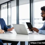 Home 19 실무 경험 부족 문제 해결을 위한 상담 프로그램 - A professional mentorship session in a modern office setting, featuring a confident mentor and a you...