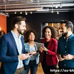 Home 18 전문가와의 네트워킹을 통한 실무 경험 획득 방법 - A professional networking event set in a modern Spanish coworking space, featuring diverse adults in...