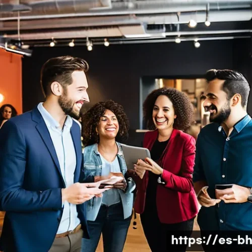 Home 30 전문가와의 네트워킹을 통한 실무 경험 획득 방법 - A professional networking event set in a modern Spanish coworking space, featuring diverse adults in...