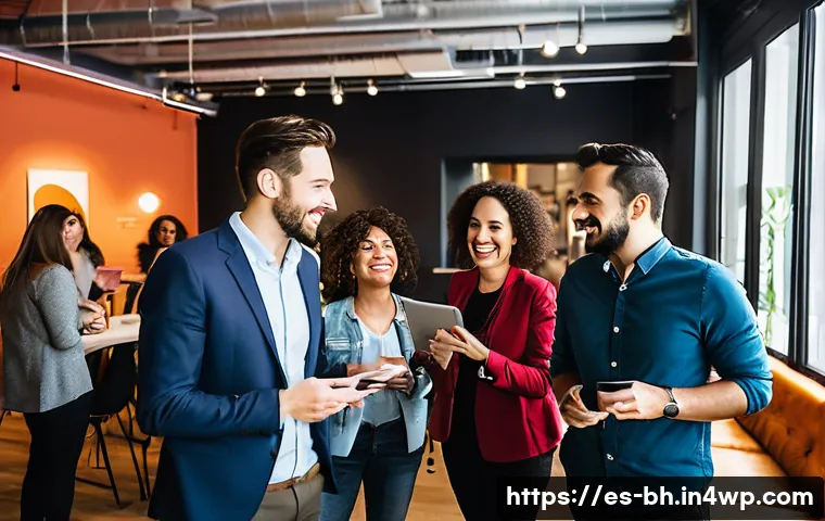 전문가와의 네트워킹을 통한 실무 경험 획득 방법 - A professional networking event set in a modern Spanish coworking space, featuring diverse adults in...